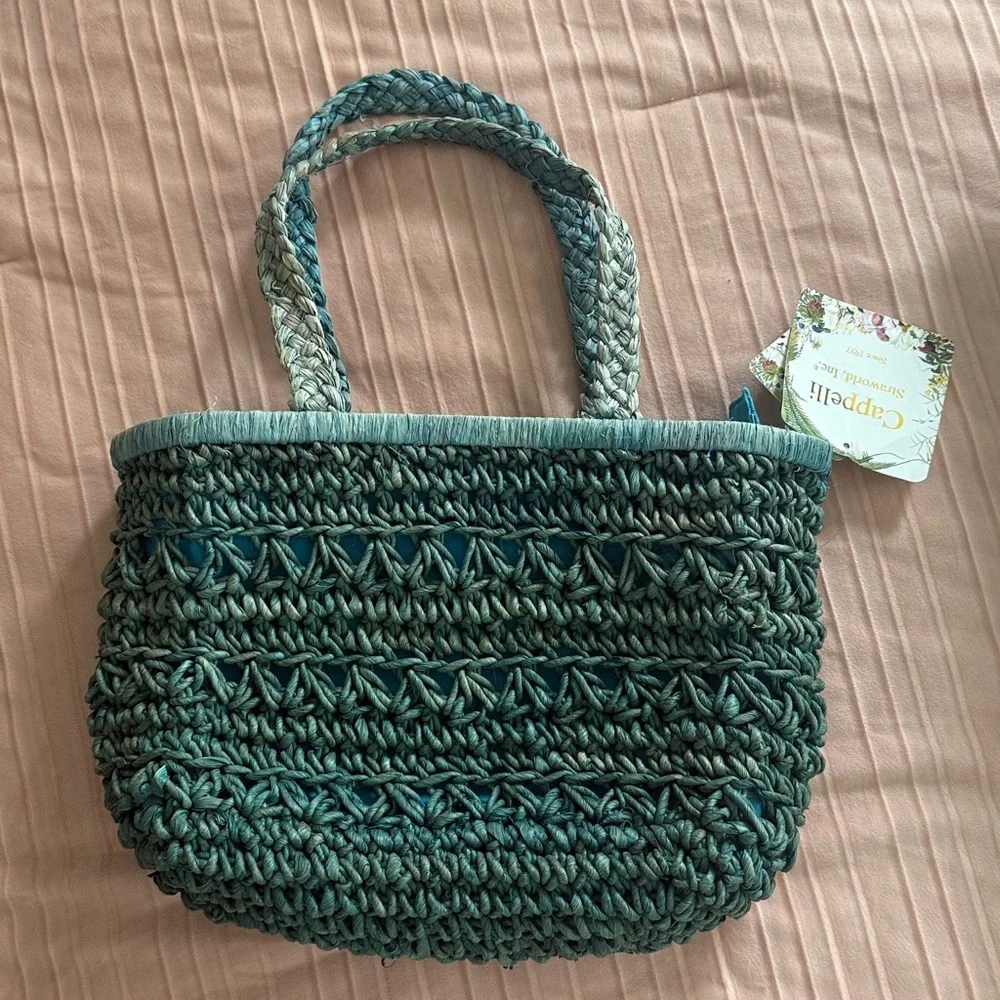 Cappella Straworld Boho Beach Bag Tote Zipper Closure Handwoven Teal Crochet